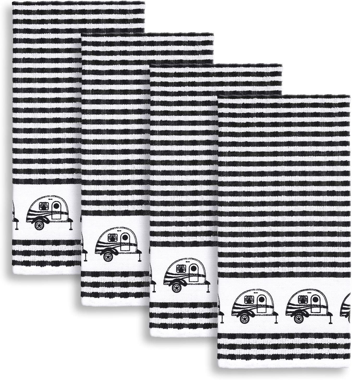 Cackleberry Home Retro Camper Check Terrycloth Kitchen Towels, Set of 4 (Black)