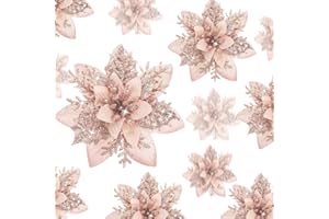 Geosar 24 Christmas Glitter Artificial Poinsettia Flowers Xmas Poinsettia Artificial Wedding Flowers Decorations Xmas Tree Ornaments with Clips for Party Favors, 6 Inch, 4 Inch, 3 Inch (Rose Gold)