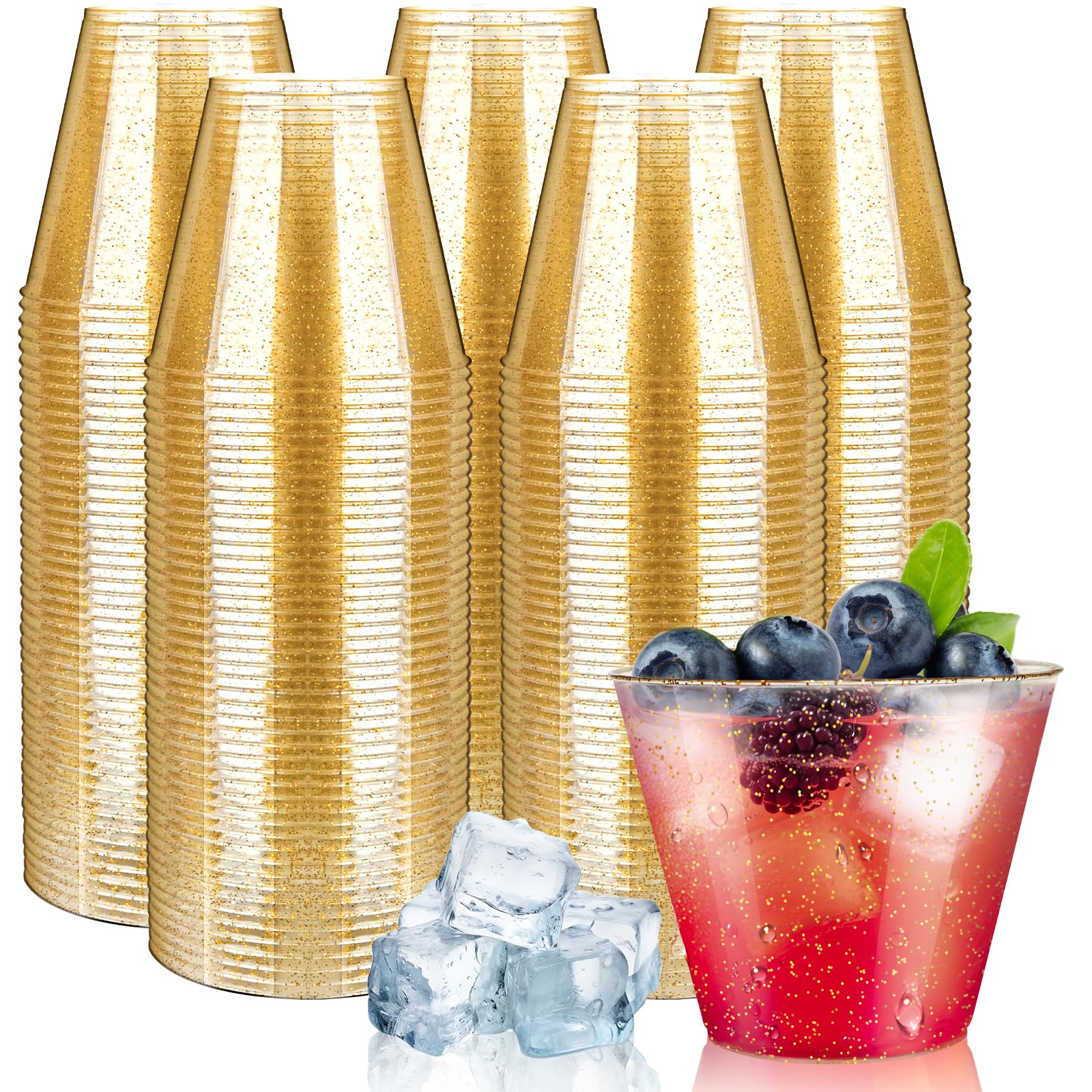 Photo 1 of [200 Pack] 9oz Plastic Cups with Gold Glitter Sturdy & Food Safe Plastic Wine Glasses Disposable Cups Party Wedding Cups Cocktail Glasses for Wine, Juice & Cold Beverages