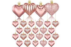 LABEOL 36Pcs Valentines Day Decor Heart Ornaments Rose Gold Heart Shaped Baubles Ornaments for Valentine's Day Hanging Decorations or Wedding Anniversary Party Supplies Home Tree Decorations (4 Styles)
