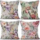 Vie Savaran Floral Throw Pillow Covers Vintage Flower Colorful Rose Peony Green Leaves Retro Rustic Romantic 18x18 Set of 4 Cushion Covers for Couch Sofa Bedroom Farmhouse Livingroom Garden Patio Car