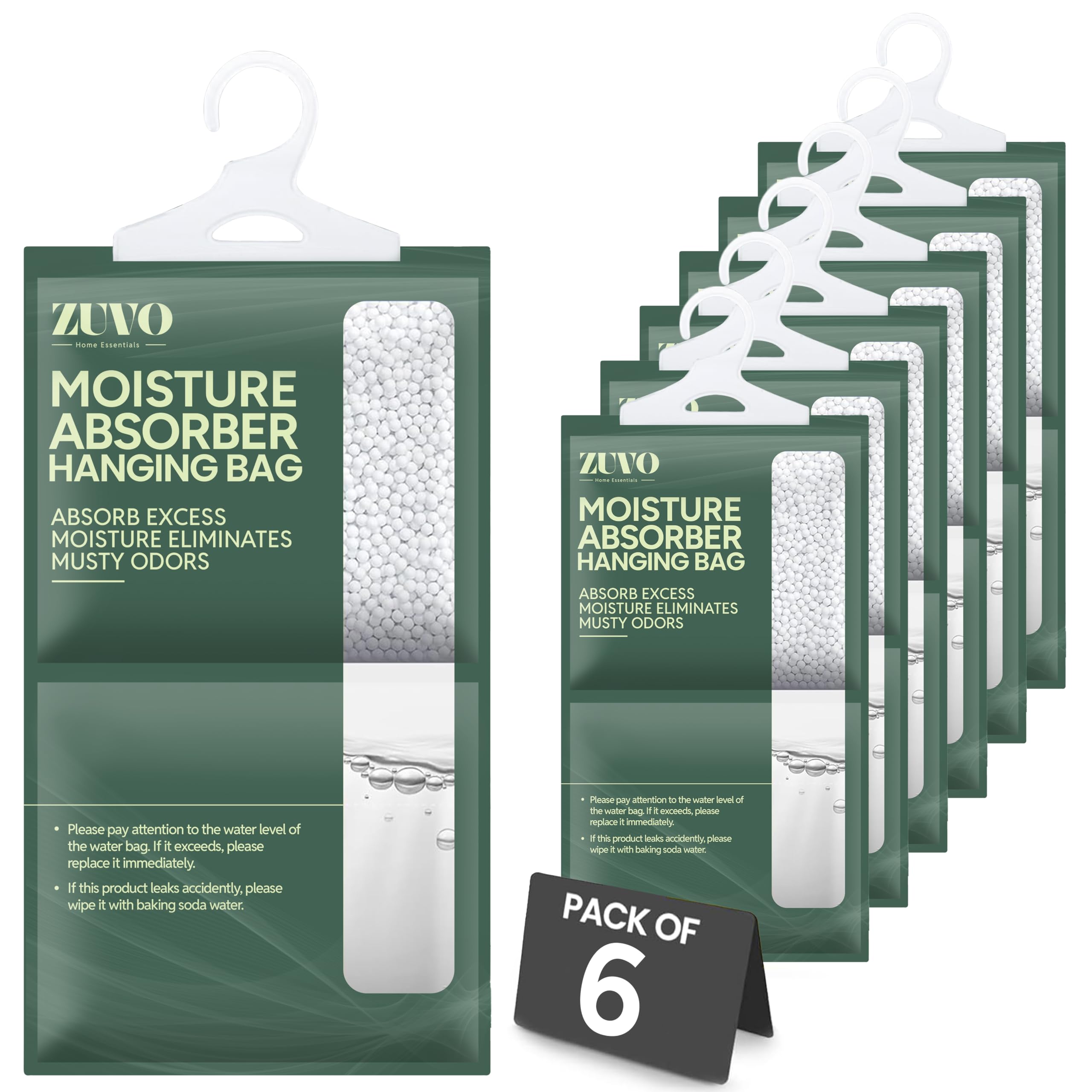 Zuvo Wardrobe Dehumidifier Hanging Bags - Pack of 6 | Moisture Absorber & Mould Remover for Wardrobes | Damp Absorber Hanging Bags for Closets, Coat Cupboards & Storage