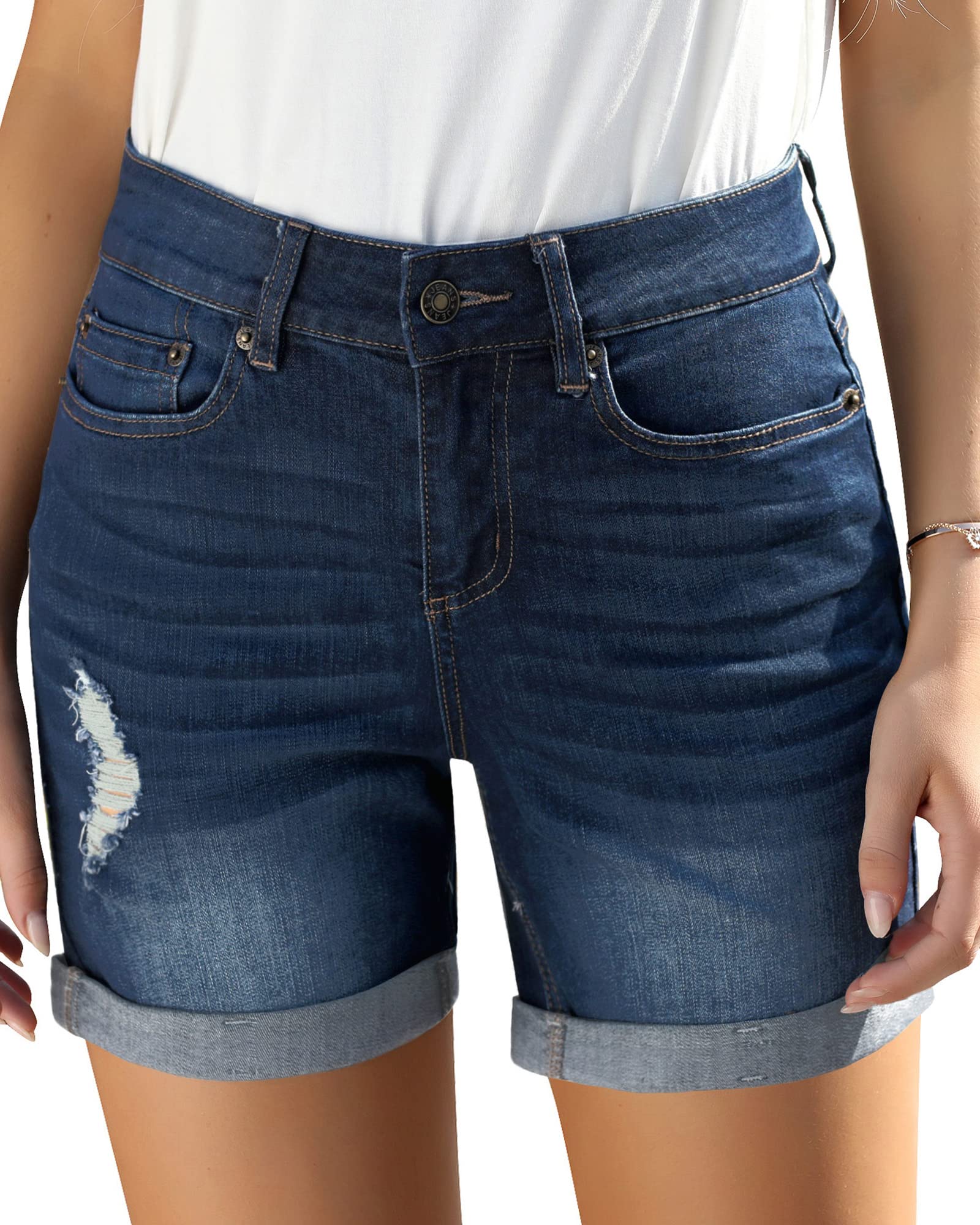 Photo 1 of (XXL) (BAGGED) Utyful Women's Casual High Waisted Distressed Shorts Folded Hem Stretch Jean Denim Shorts High Waist-Glaxy Blue XX-Large