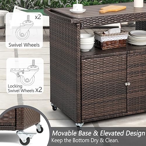 Outdoor Bar Cart with Storage Cabinet Patio Wicker Sideboard