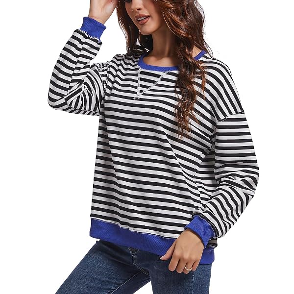 MARS GUARD WOMEN STRIPED SWEATSHIRTS COLOR BLOCK CREWNECK OVERSIZED LONG SLEEVE CLASSIC PULLOVER CASUAL LOOSE SHIRT Y2K TOP BLACK/WHITE