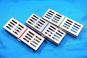 SYNAMED USA New Set of 3 German Stainless Dental Autoclave Sterilization Cassette Rack Box Tray for 5 Instruments Set of 3 Colored