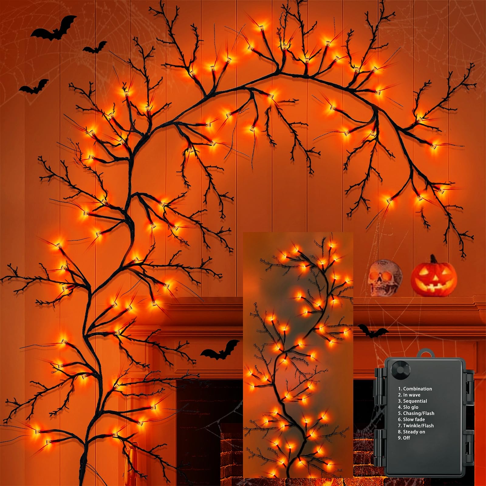 Photo 1 of [8 Modes & Timer] 6 Ft 54LED Halloween Garland with Lights, Orange Willow Vine Twig Garland Battery Operated Indoor Outdoor Fireplace Table Wall Home Party Halloween Decorations
