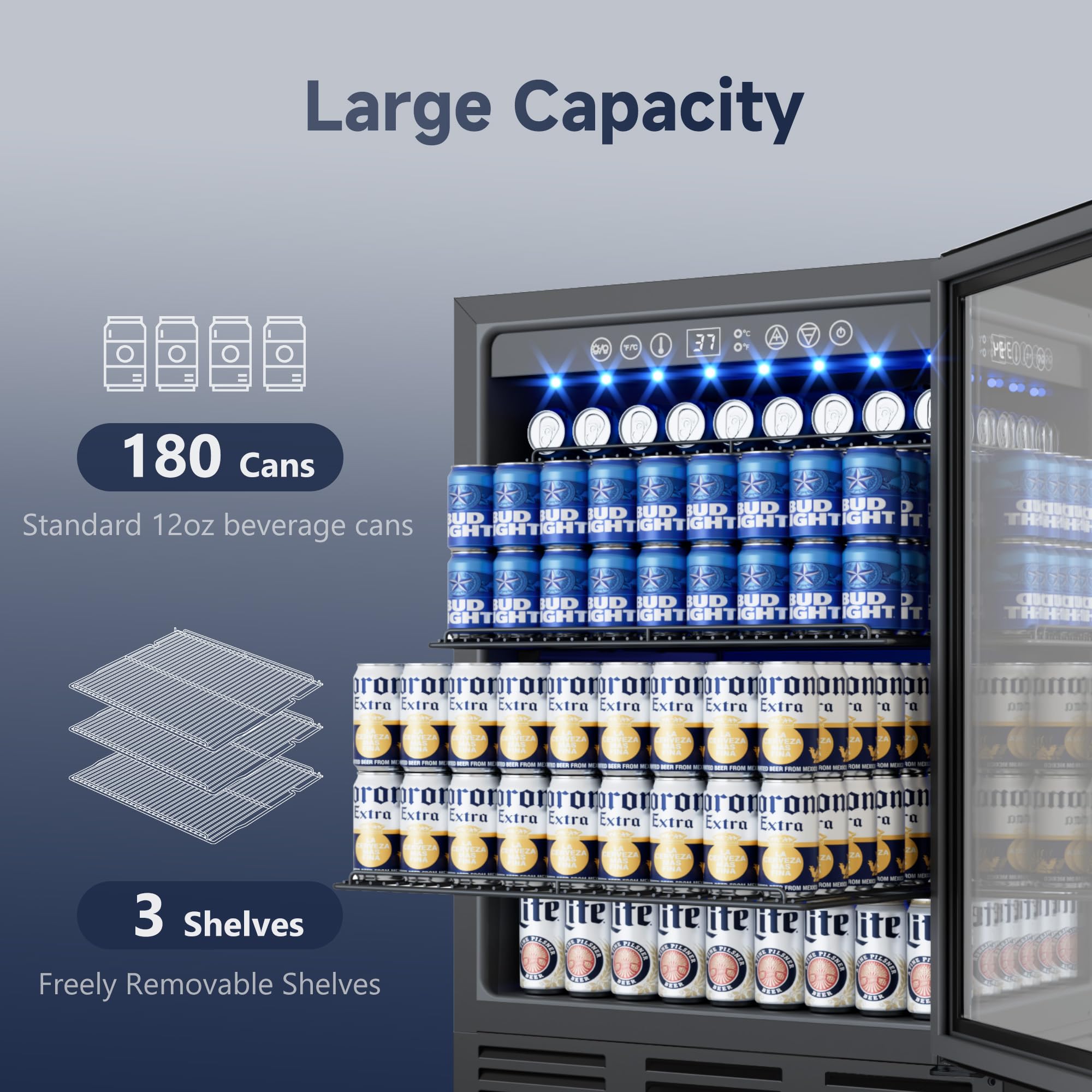 ICEVIVAL Refrigerador de bebidas de 24 pulgadas, 180 latas refrigerador de bebidas debajo del mostrador con puerta de vidrio, luz LED, refrigerador de cerveza incorporado o independiente para refrescos, agua, vino - hogar, bar u oficina