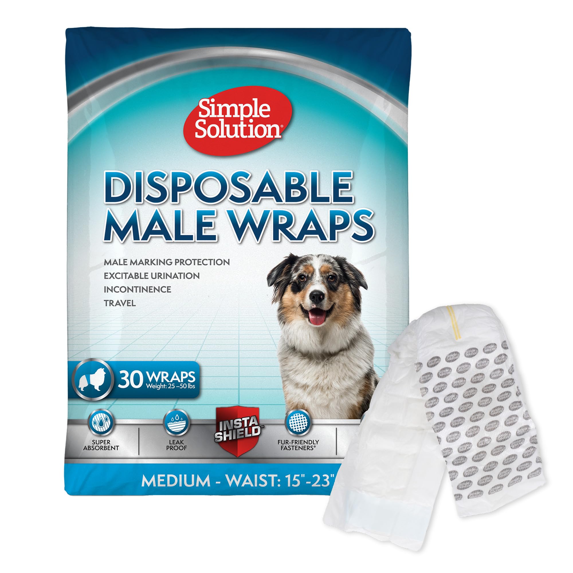 Simple Solution True Fit Disposable Dog Diapers for Male Dogs | Super Absorbent with Wetness Indicator | Medium | 30 Count