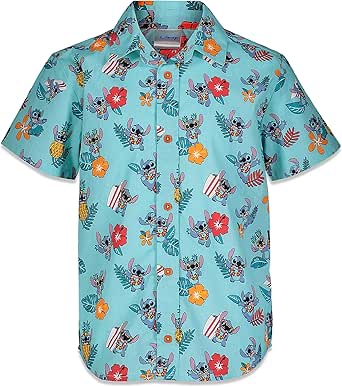 Disney Boys' Button Down Hawaiian Shirt: Mickey Mouse, Lilo and Stitch