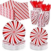 Uiifan 230 Pcs Christmas Candy Cane Party Decorations Paper Plates Disposable Peppermint Dinnerware Guest Tableware Set with Dinner Dessert Plates, Cups, Napkin, Knife, Fork, Spoon for Xmas New Year