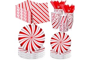 Uiifan 230 Pcs Christmas Candy Cane Party Decorations Paper Plates Disposable Peppermint Dinnerware Guest Tableware Set with Dinner Dessert Plates, Cups, Napkin, Knife, Fork, Spoon for Xmas New Year