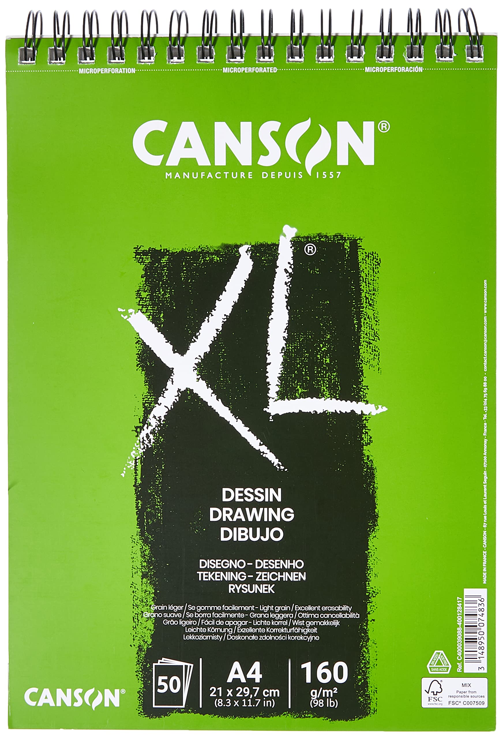 CANSON XL Drawing 160gsm A4 Paper, Light Grain, Spiral Pad Short Side, 50 White Sheets, For Professional Artists & Illustrators