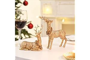 AOMOONOA Gold Reindeer Christmas Decoration, 2Pcs Small Christmas Reindeer Figurines Indoor, Tabletop Deer Statue Christmas Decor, Resin Deer Figurine Decorations for Home