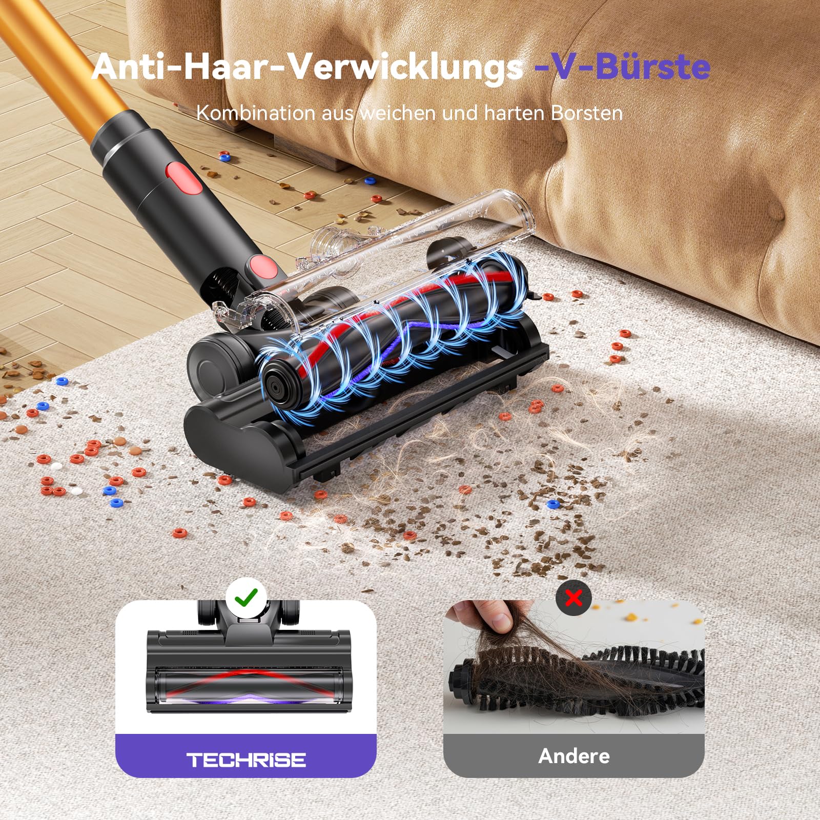 TechRise Akku Staubsauger 45000Pa/500W/60Min, Anti-Tangle-Bürste & 8-in-1-Funktion (Selbststehend) Staubsauger Kabellos mit Display, Stielstaubsauger für Zuhause, Tierhaare/Teppiche/Hartböden 7
