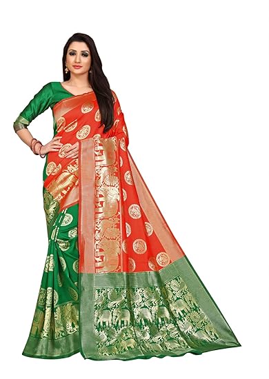 Divaastha Green:Red Jequard Animal Print Saree with Blouse Piece (VHF102GREENRED)