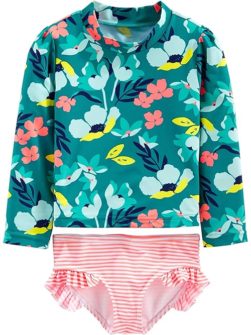 Simple Joys by Carter's Baby Girls' 2-Piece Assorted Rashguard Sets Rash Guard, Green Floral/Pink Stripes, 4 Years