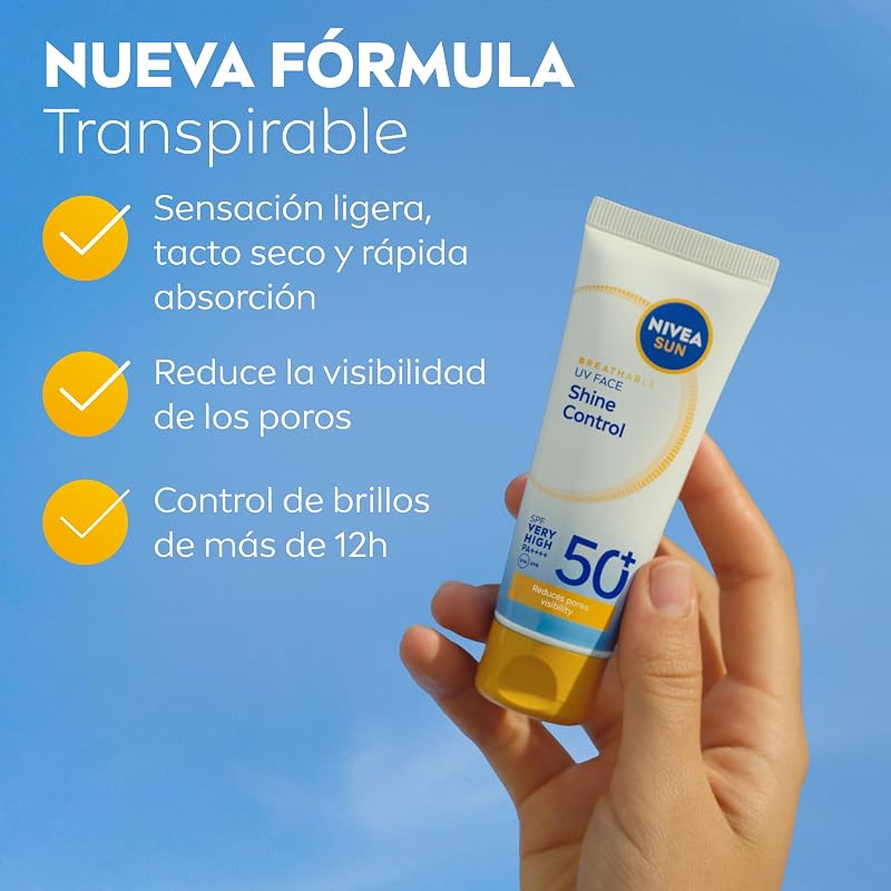Nivea sun alta proteção solar uv shine control fp50 (50 ml), creme facial matificante com 0% de sensação pegajosa