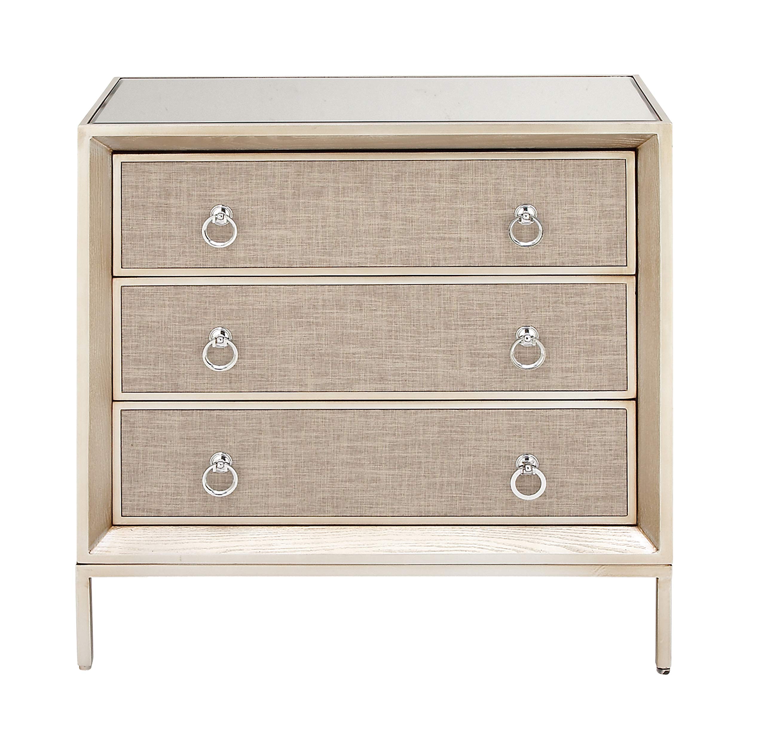 Photo 1 of Deco 79 Wooden Room Chest Upholstered Front Panel 3 Drawer Storage Cabinet with Mirrored Top and Ring Handles, Floor Cabinet 32" x 16" x 32", Beige
