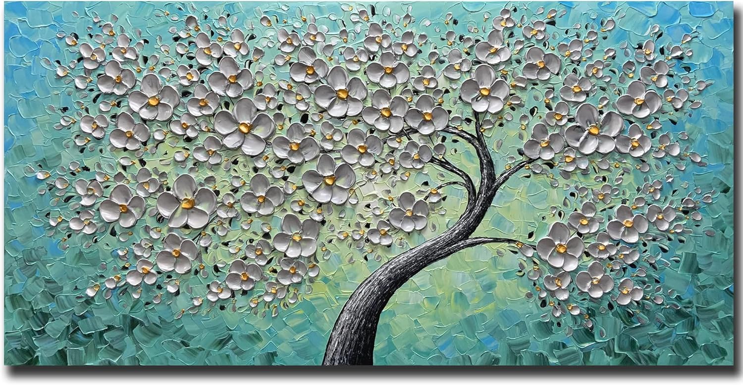 Paintings - Boieesen Art,24x48Inch 3D Silver White Flowers Oil Painting On Canvas Hand Painted Textured 3D Wall Art Abstract Tree Texture Palette Knife Painting for Home Office Decoration