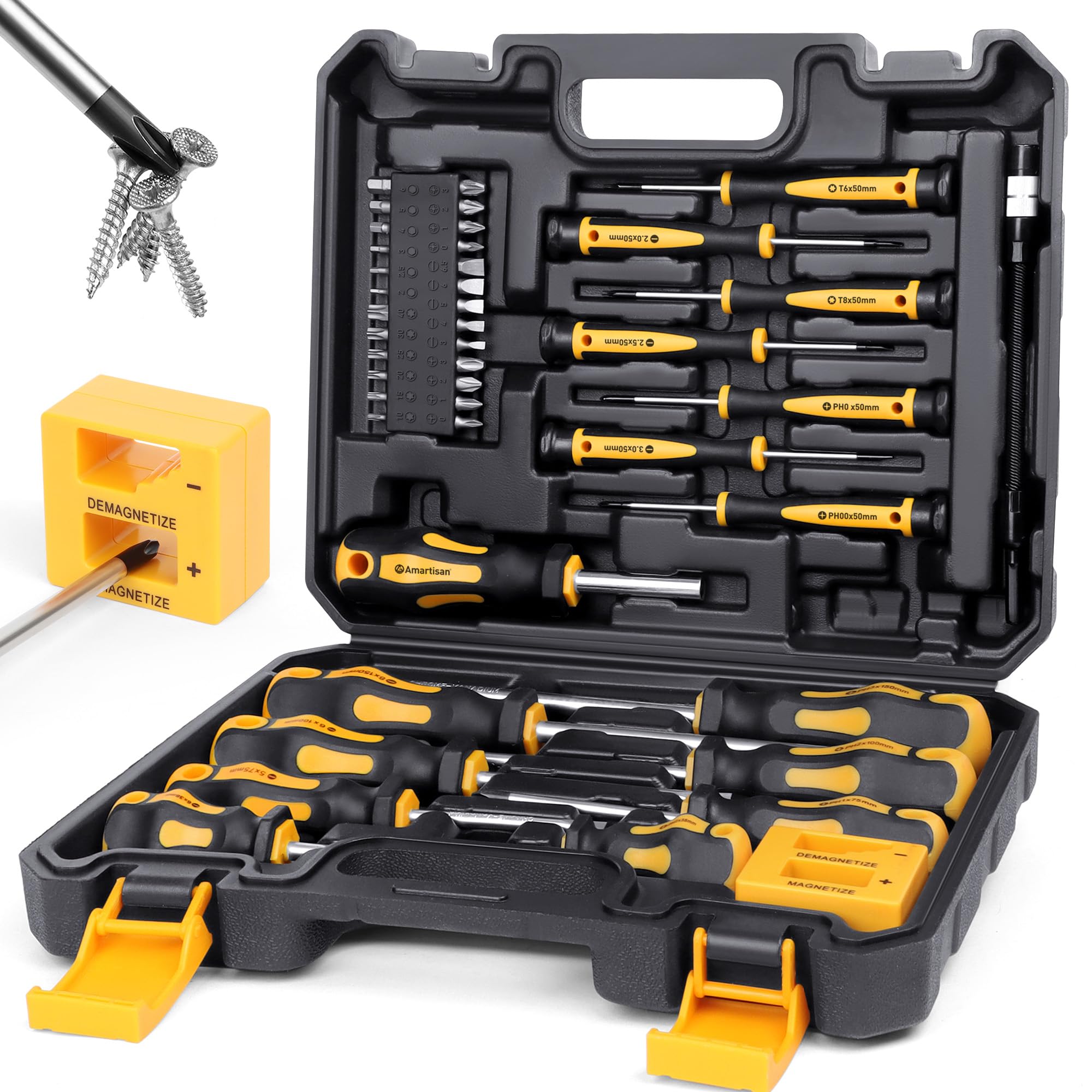 Magnetic Screwdrivers Set with Case, Amartisan 43-piece Includs Slotted, Phillips, Hex, Pozidriv,Torx and Precision Screwdriver Set, Magnetizer Demagnetizer Tools, Tools for Men