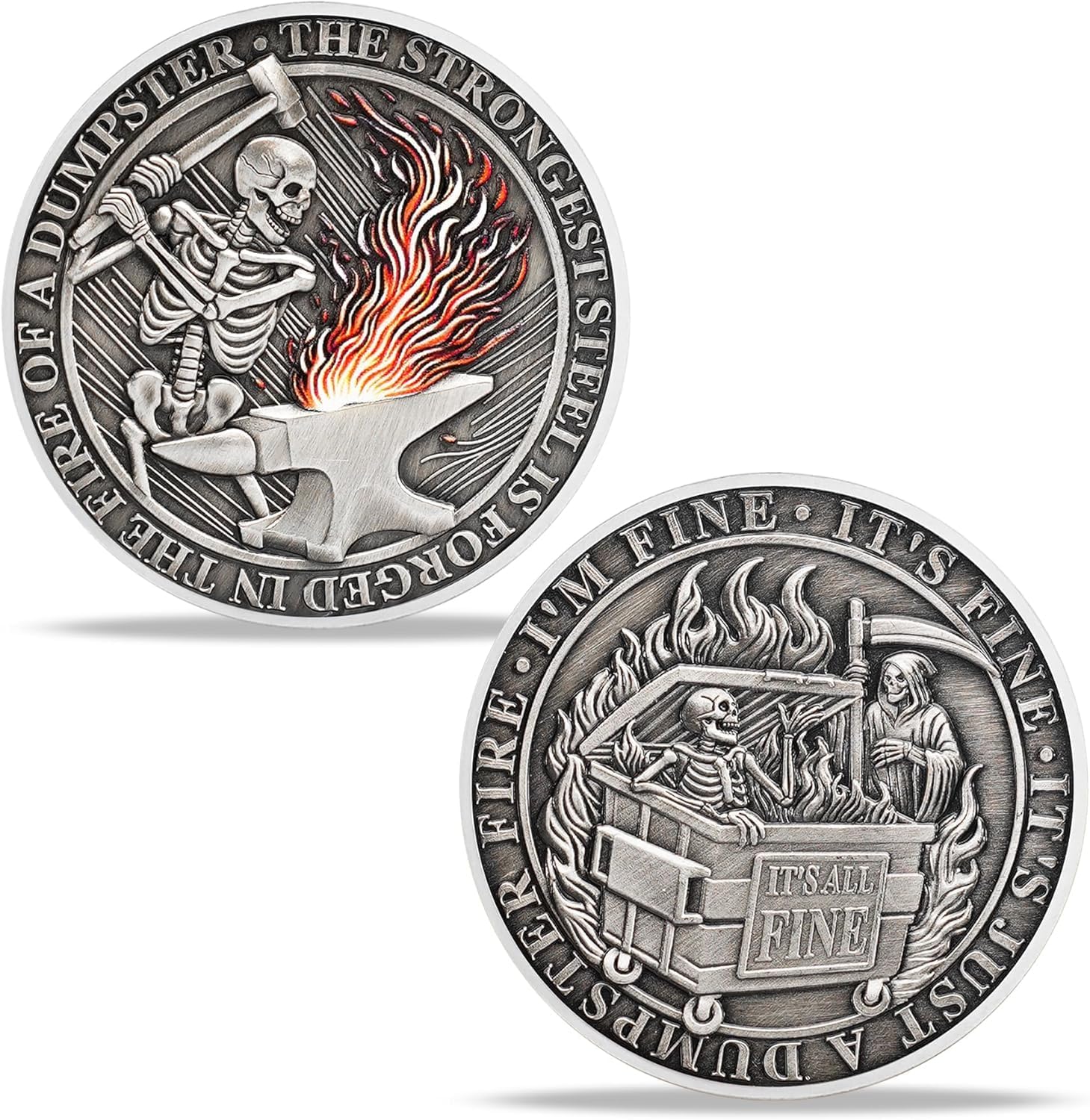 ACGZQY Dumpster Fire Coin - Humorous Resilience Skeleton in Fire Token - Everything's Fine Motivational Challenge Coin Hilarious Medallion Funny Office Gifts