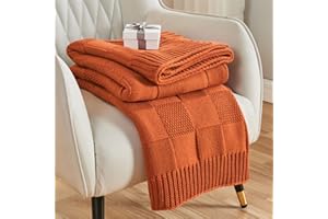 CozeCube Check Knit Throw Blanket, Rust Orange Checkered Throw for Couch, Decorative Christmas Soft Cozy Warm Knitted Blanket for Bed Sofa Living Room, 50"X60"