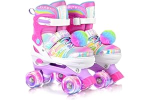 SULIFEEL Rainbow Tie-Dye Adjustable Roller Skates for Girls Kids Ages 3-5 5-8 6-12 Pink Purple Light Up Skate with Fluffy Pom Poms Triple Protection for Indoor Outdoor Skating