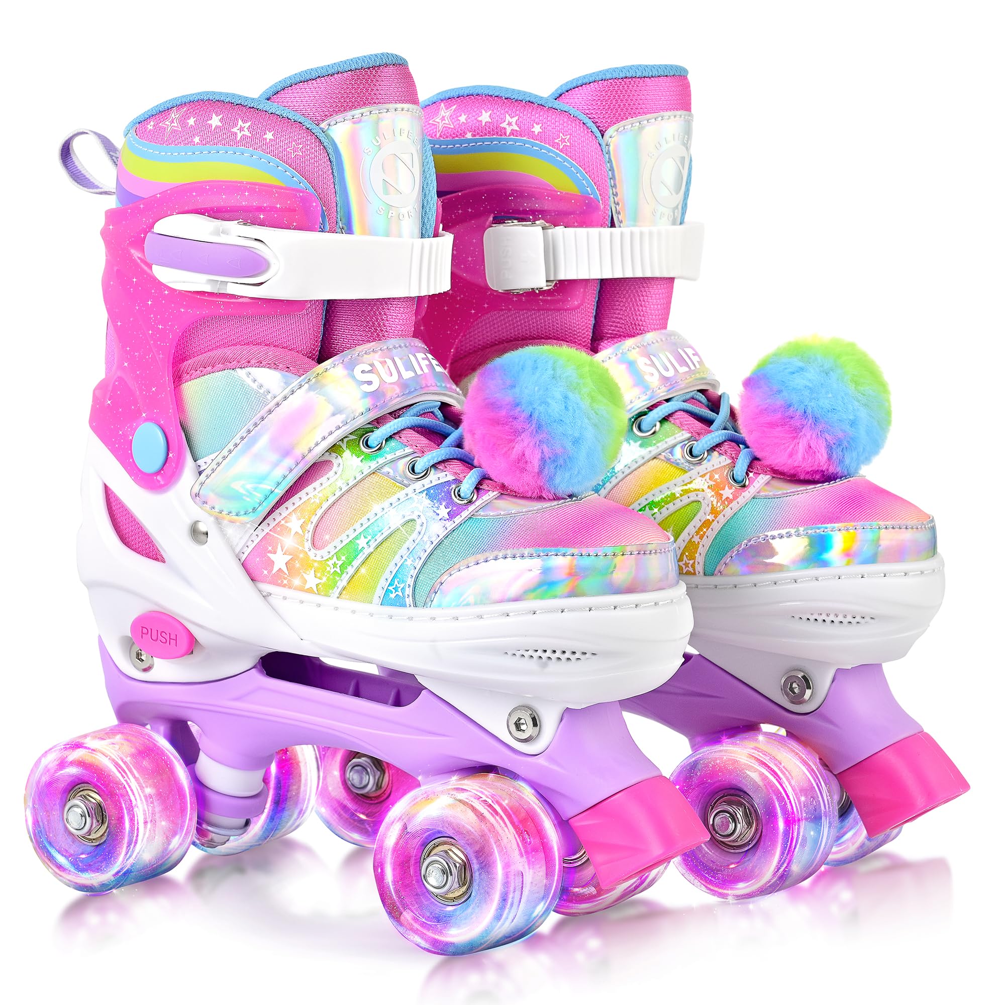 Photo 1 of SULIFEEL Rainbow Tie-Dye Adjustable Roller Skates for Girls Kids Ages 3-5 5-8 6-12 Pink Purple Light Up Skate with Fluffy Pom Poms Triple Protection for Indoor Outdoor Skating
