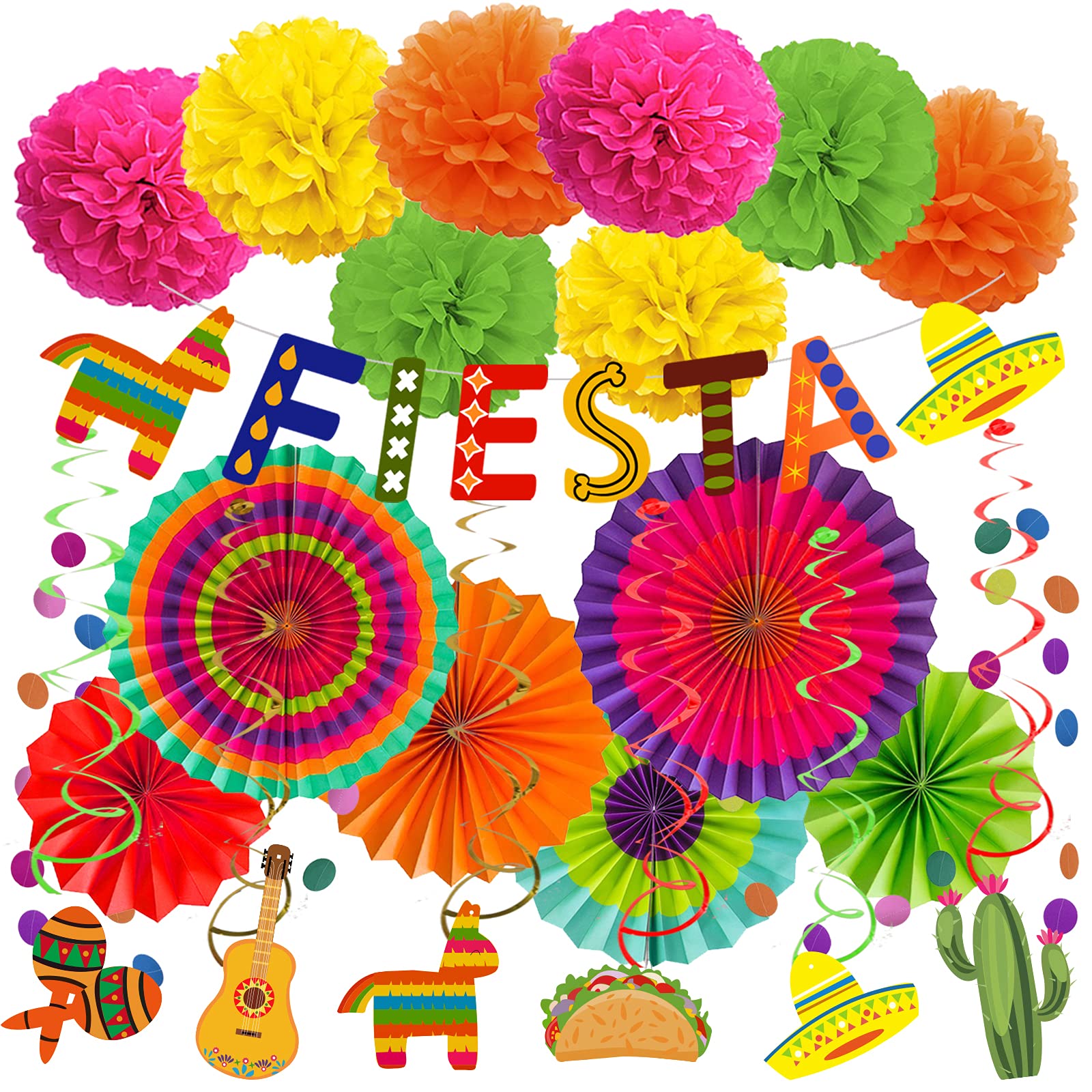 ZERODECO Fiesta Party Decorations, Multicolor Fiesta Banner Paper Fans Pompoms Garlands String Festival Theme Swirls for Fiesta Mexican Theme Cinco De Mayo Birthday Carnival Festival Party Supplies
