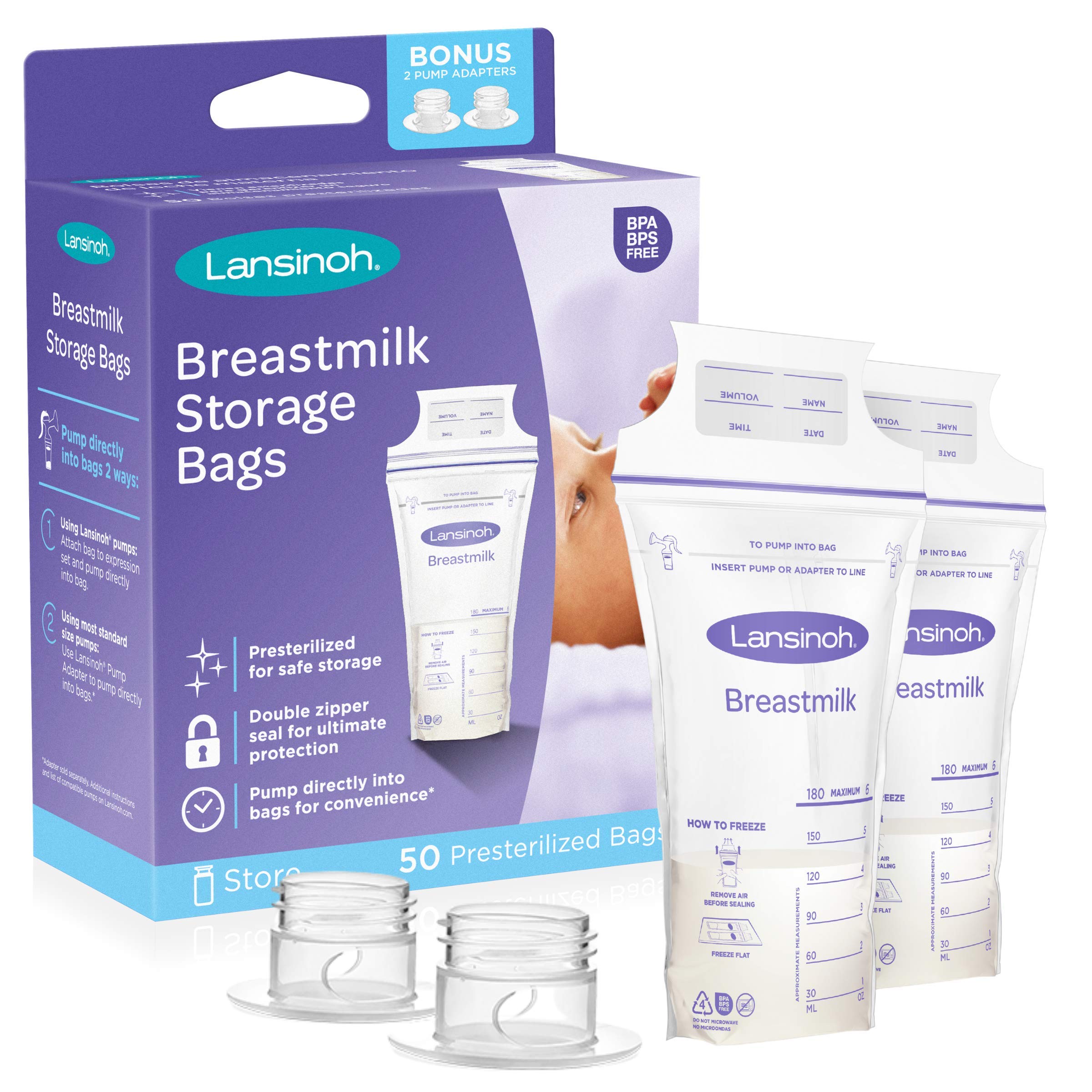 Lansinoh Breastmilk Storage Bags with Pump Adapters for Bags, 50 Count