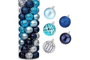 YOMIKOO 45Pcs 6cm/2.36inch Christmas Balls Glitter Ornaments Set, Shatterproof Plastic Xmas Tree Hanging Ornament, Christmas Decorations Balls for Holiday Festival Wedding House Bar Party(Navy/Blue/Silver)