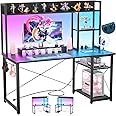 Cyclysio Gaming Desk with Hutch, 47'' Computer Desk with LED Lights & Power Outlets, Home Office Desk with Reversible 5 Tiers Storage Shelves & Monitor Stand, Small Gaming Table for Small Space, Black