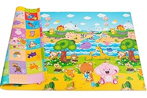 Baby Care Play Mat (Medium, Playful - Pinko & Friend) 73’’ x 49’’ Original One-Piece Reversible Rollable Waterproof Play Mat for Infants, Babies, Toddler, and Kids