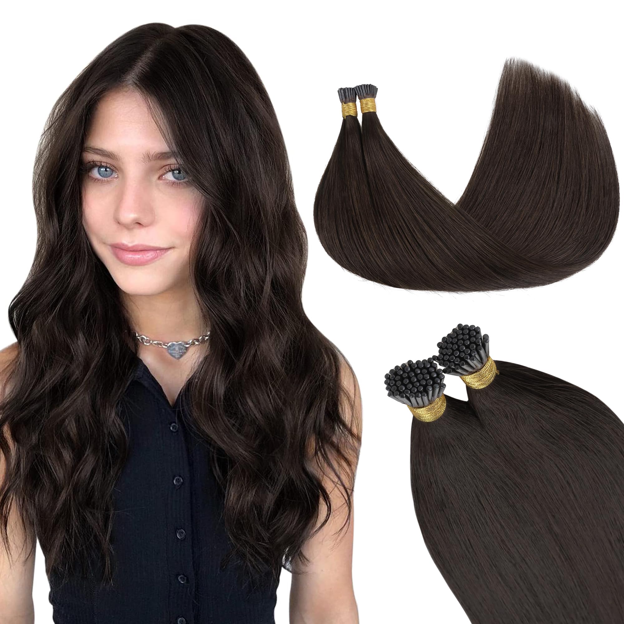 GOO GOO I Tip Hair Extensions Real Human Hair, Light Brown 50g 50 Strands 24inch Cold Fusion I Tip Hair Extensions — image 1