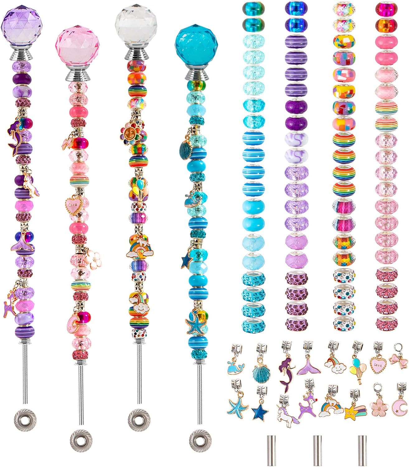 Decorative Garden Stakes - BZZJDECOR Decorative Beaded Garden Stakes with Crystal Stopper Top,8/32 Inch M4 Stainless Steel Threaded Rod and Colorful Beads for Fairy Wands Outdoor Decoration (Set of 111 Pieces)