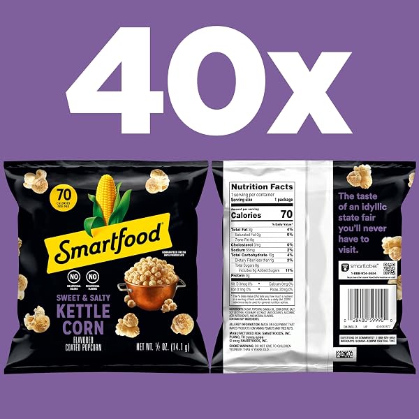 SMARTFOOD POPCORN, SWEET & SALTY KETTLE CORN, 0.5 OUNCE (PACK OF 40)