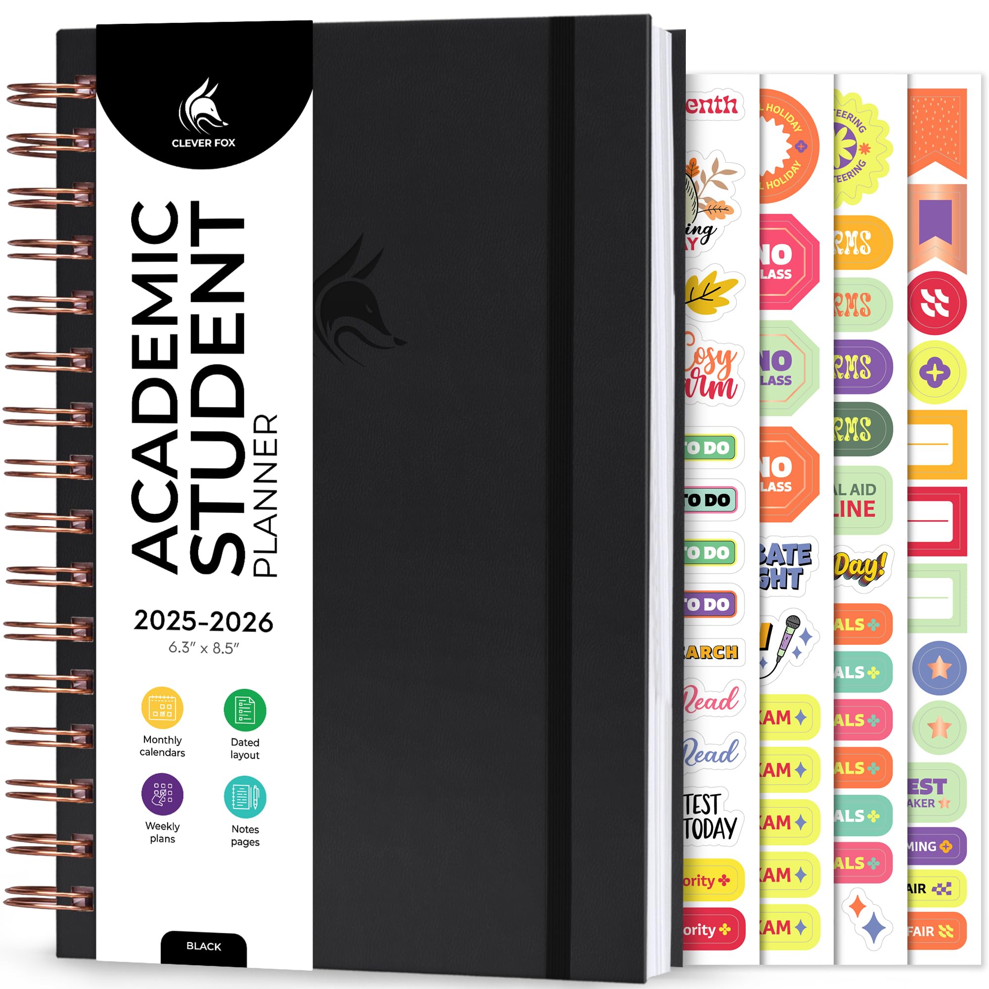 Photo 1 of Clever Fox Academic Student Planner 2025-2026 – Hardcover Spiral-Bound Planner for School & College with Weekly & Monthly Calendar (Black)