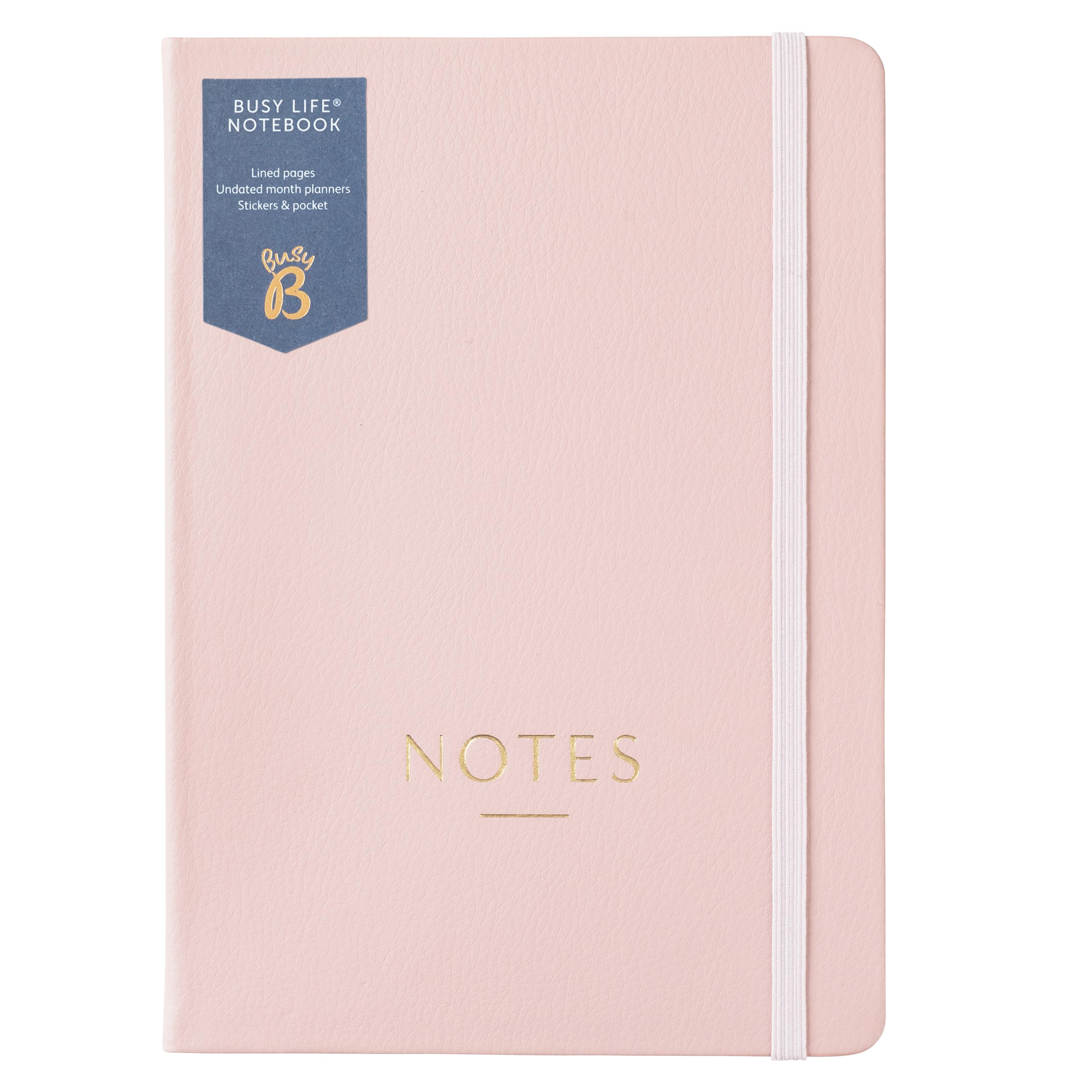 Busy B A5 Busy Life Notebook Pink Faux Leather Cover - Perfect for Students, Teachers, Work & More with Lined Pages, Undated Month Planners, Stickers, Storage Pocket & Elastic Closure