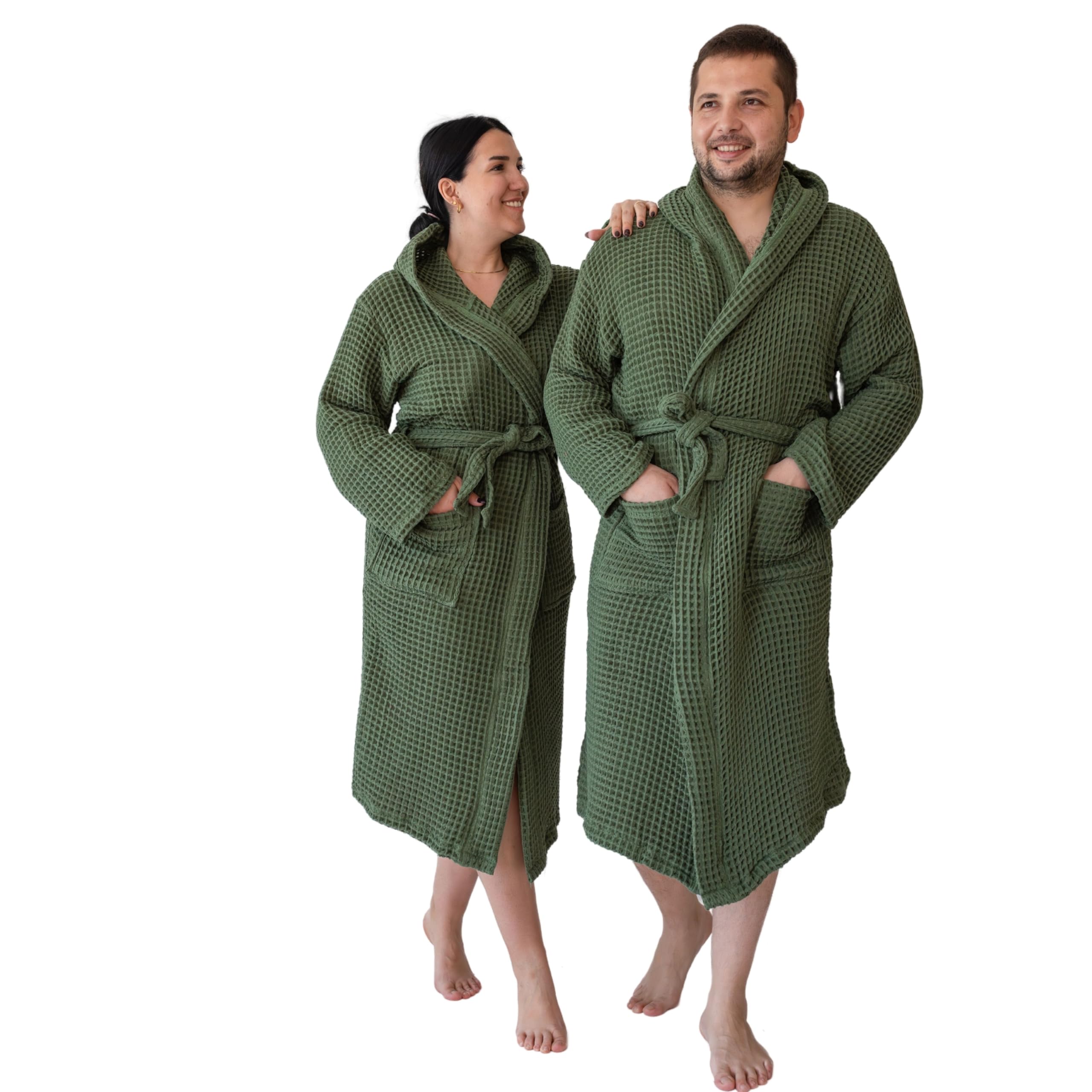 Photo 1 of Viva Maison Unisex Hooded Waffle Robe for Women & Men 100% Turkish Cotton | Quick-Dry Bathrobe | Cozy Housecoat for Lounging (L-XL Size, Dark Green Robe) SIZE XL WOMANS