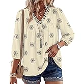 Rapbin Womens Boho Blouses 3/4 Sleeve Tops V Neck Puff-Sleeve Babydoll Pleated Linen Shirts with Button Cuffs