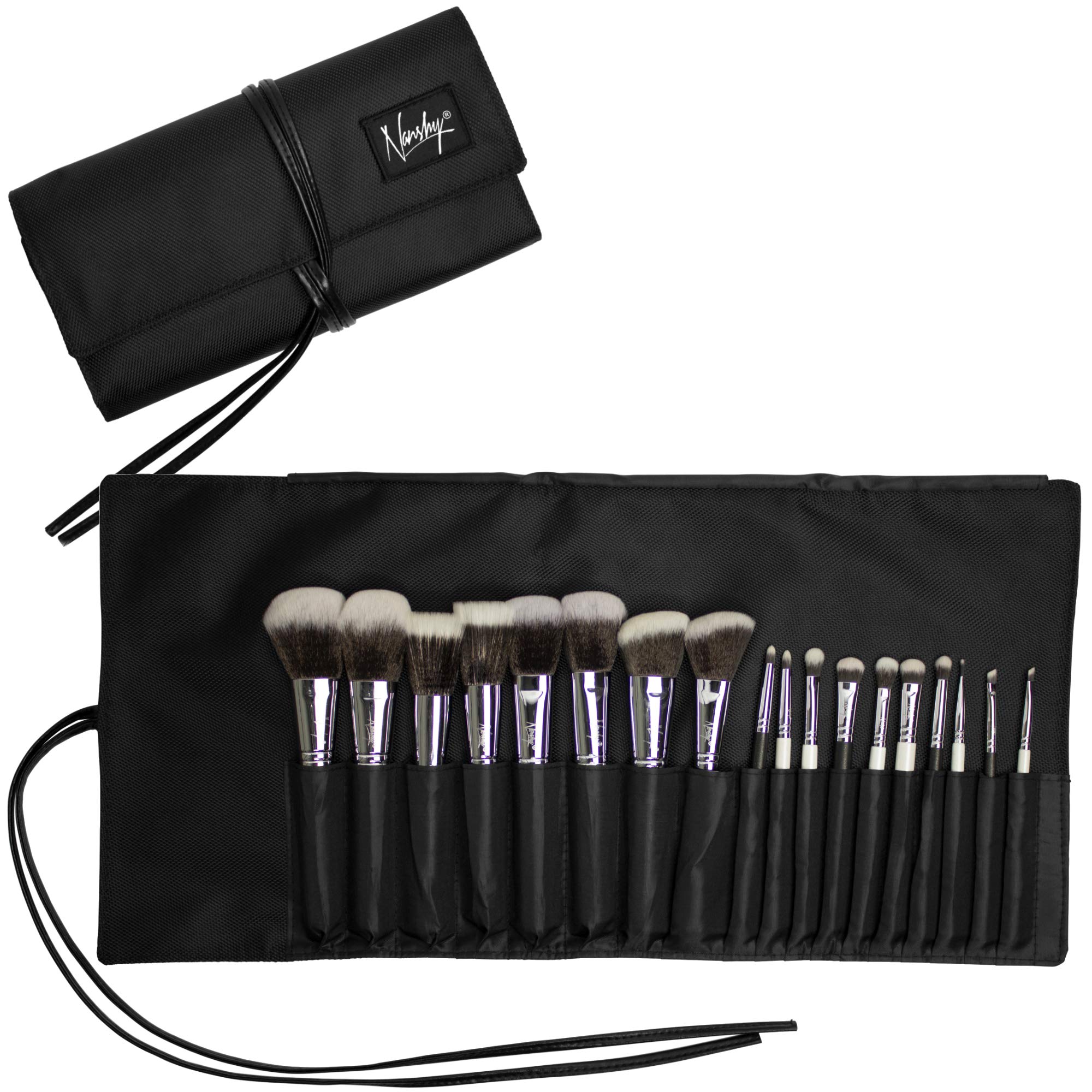 NANSHY Makeup Brush Roll Up Case Wrap Wallet Without Brushes (18 Pockets, Black) Travel Friendly Holder & Portable Organiser Bag with Flap & Adjustable Strap