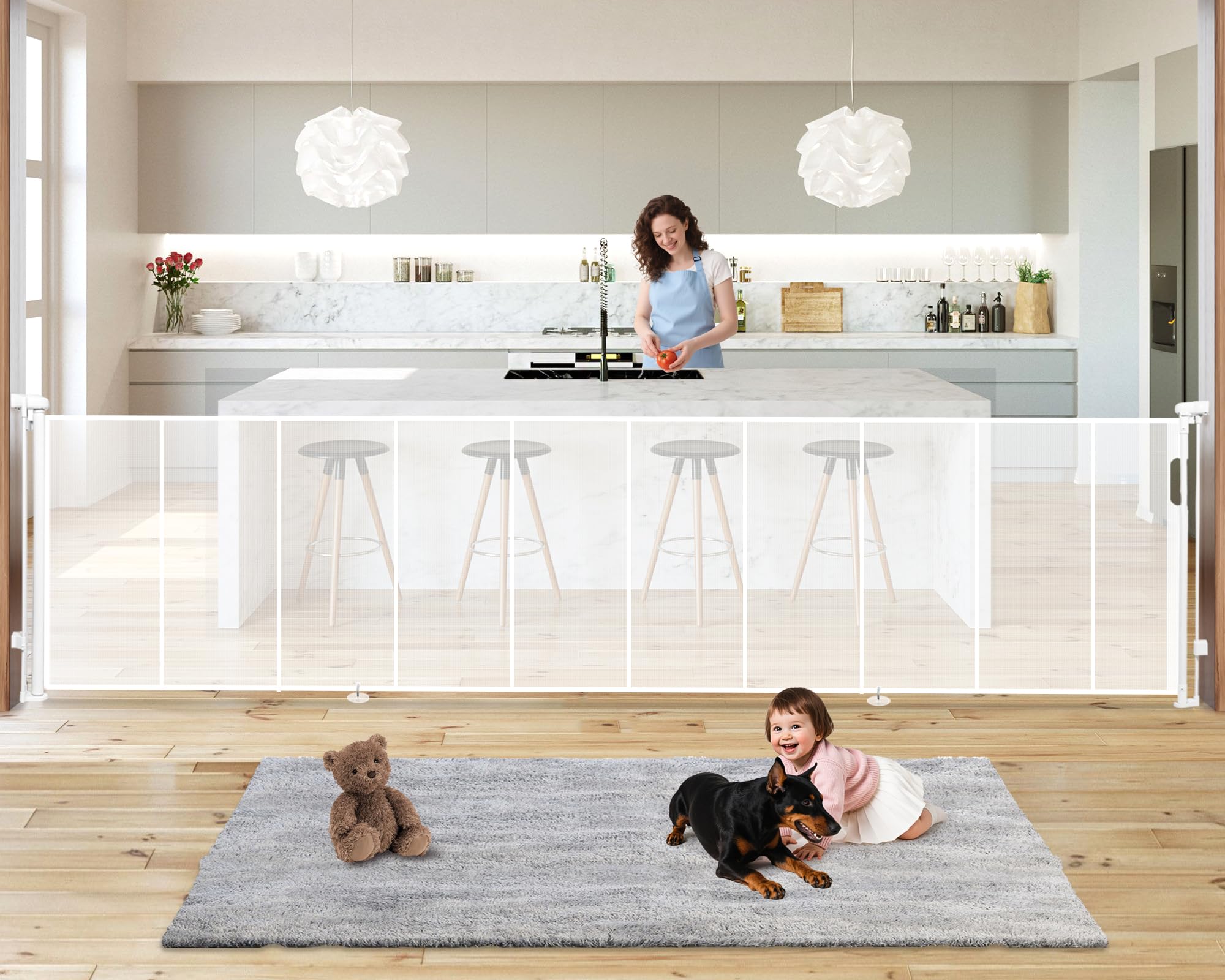 Photo 1 of 19.7ft Retractable Baby Gates Dog Gate - 236" Extra Wide Expandable Child Safety Gate,37" Tall Toddler Pet Mesh Gate with Reinforced Strips for Doorways,Stairs,Hallways,Outdoor & Indoor Large Openings