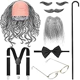 WILLBOND 8 Pieces Old Man Costume Grandpa Costume, Wig Walking Cane Glasses Faux Eyebrows Artificial Mustache Suspenders Bow Tie(Dark Gray)