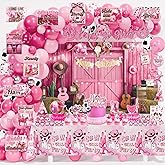 LXlucktim Cowgirl Party Decorations, 144 Pcs Pink Cowgirls Cow Girl Bday Party Decor Supplies for Girls - Backdrop, Banner, Tablecloths, Centerpieces, Paper Glasses, Hat, Stickers, Wall Signs