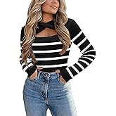 Zeagoo Sweaters for Women 2025 Knit Trendy Long Sleeve Lightweight Slim Fit Pullover Cutout Tops Black White Stripe Small