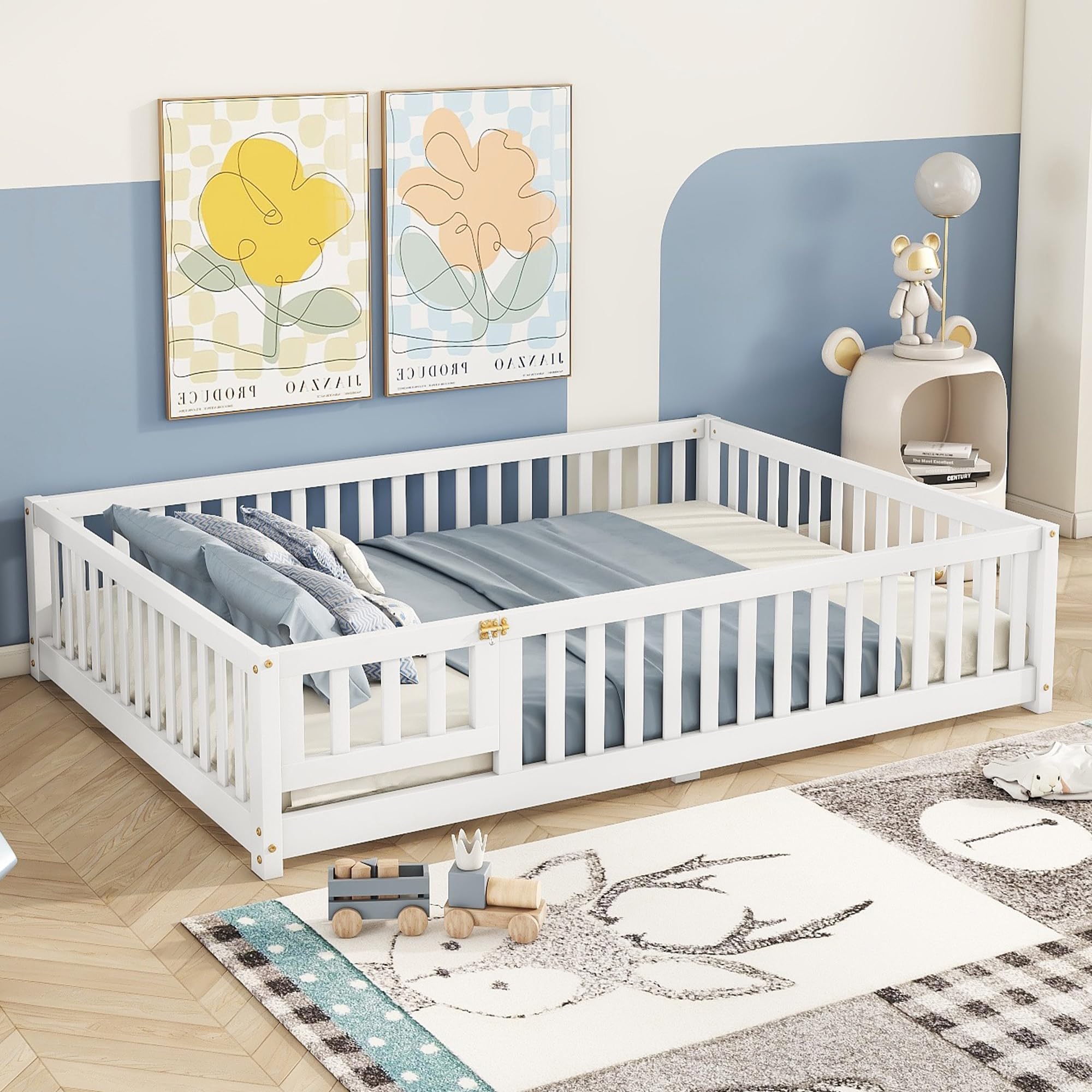 Photo 1 of ***FINAL SALE/NO RETURN, VIEW NOTES*** Bellemave Full Size Floor Bed with Slats and Safety Guardrail, Full Size Montessori Floor Bed with Fence and Door, Easy Assemble Montessori Beds for Kids, Girls, Boys, White