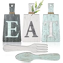 Jetec Ensemble de Planche à Découper avec Panneau Eat - Art Mural Suspendu - Panneau de Cuisine Eat - Décor Mural avec Fourchette et Cuillère - Décoration de Cuisine Rustique, Primitive, Campagne