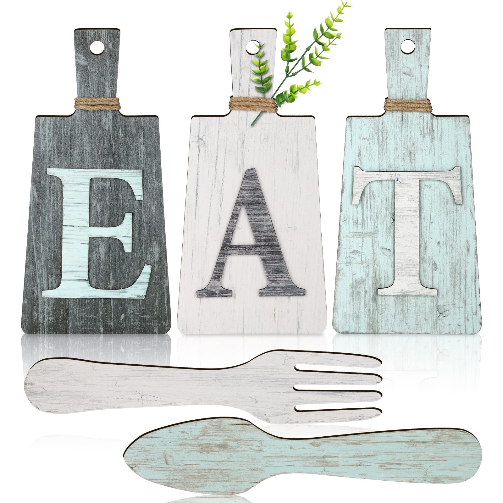Jetec Cutting Board Eat Sign Set Hanging Art Kitchen Eat Sign Fork and Spoon Wall Decor Rustic Primitive Country Farmhouse Kitchen Decor for Kitchen and Home Decoration (), Gray, White, Blue