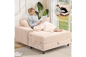 Airynee 54" Oversized Chaise Lounge Chair Indoor, Comfy Sofa Bed with Storage and Ottoman, Upholstered Reading Chairs Cloud Couches, Khaki